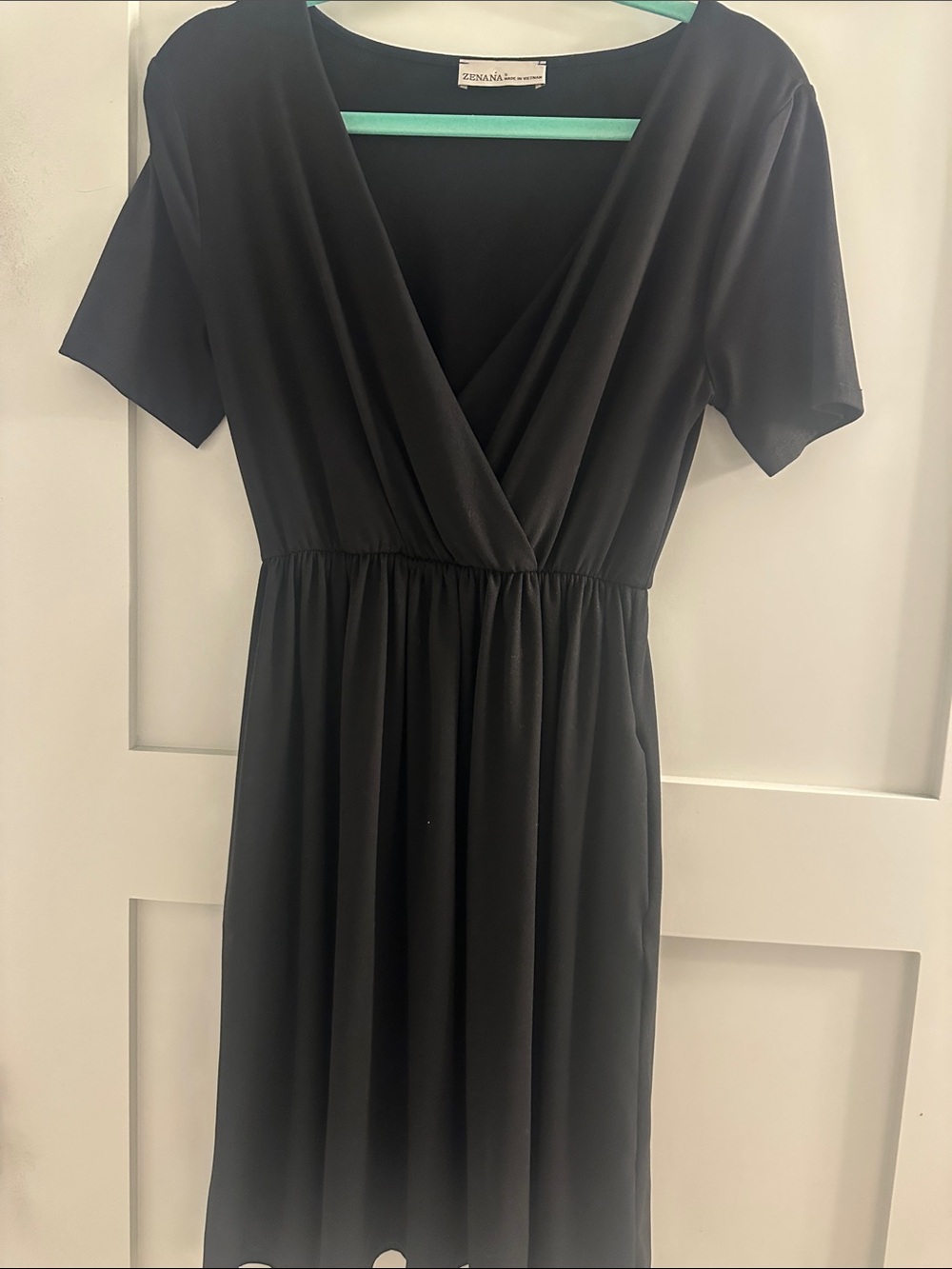 Zenana Outfitters Black V-Neck Midi Dress with Gathered Waist NWOT